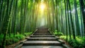 Serene stone steps ascending through a lush bamboo forest bathed in sunlight. Generative AI Royalty Free Stock Photo