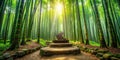 Serene stone steps winding through a lush bamboo forest bathed in sunlight. Generative AI Royalty Free Stock Photo