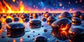Serene stones glowing with inner fire at sunset reflecting in dark water. Generative AI Royalty Free Stock Photo