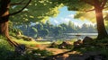 Beautiful Morning Stream With Canopy Tree In Makoto Shinkai Style Royalty Free Stock Photo
