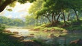 Beautiful Morning Stream With Canopy Tree In Makoto Shinkai Style Royalty Free Stock Photo