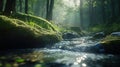Morning Sunlight Filters Through Trees Over Stream In Lush Green Forest Royalty Free Stock Photo