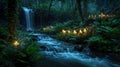 Serene Forest Stream Reflecting Light in Mystical Digital Artwork Royalty Free Stock Photo