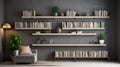 Serene And Streamlined: A Grey Interior With Bookshelves And Furniture