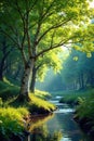 Serene streamside birch tree in a lush green forest, sunlight filtering through leaves, tranquil nature scene. Generative AI Royalty Free Stock Photo