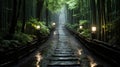 Serene Stroll: Immersing in the Beauty of the Bamboo Forest Walkway, Generative AI Royalty Free Stock Photo