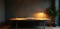 Serene study space with warm lighting and open book on wooden desk. Generative AI Royalty Free Stock Photo