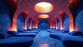 Serene subterranean sanctuary featuring rows of plush blue cushioned daybeds under a vaulted, illuminated ceiling. Generative AI Royalty Free Stock Photo