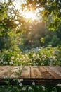 Serene Summer Backdrop with Sunlit Flowers and Empty Wooden Table in Nature
