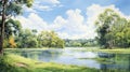 Serene Summer Day: Anime Style Painting Of River And Green Landscape Royalty Free Stock Photo