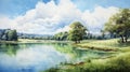 Serene Summer Day: Karst Painting Of Park, Lake, Field, And River