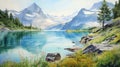 Serene Summer Day Glacier Painting In Watercolor