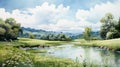 Serene Summer Meadow Painting With Park, Lake, Field, And River