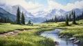 Serene Summer Day Glacier Painting In Watercolor