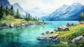 Serene Summer Day Glacier Painting In Watercolor