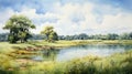 Serene Summer Meadow Painting With Park, Lake, Field, And River