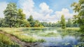 Serene Summer Day: Swamp Painting With Park, Lake, Field, And River Royalty Free Stock Photo