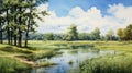 Serene Summer Day: Hyper-detailed Swamp Landscape Painting Royalty Free Stock Photo