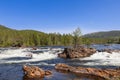 Serene summer day on Namsen River, Namsskogan, Trondelag: Cascading waters, solitary trees on boulders, dense forests, blue sky