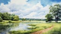Serene Summer Day Oasis Painting Of Lake And River In Shinji Aramaki Style