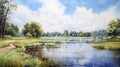 Serene Summer Day: Swamp Painting With Park, Lake, Field, And River Royalty Free Stock Photo