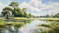 Serene Summer Day: Swamp Painting With Park, Lake, Field, And River Royalty Free Stock Photo