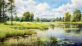 Serene Summer Day: Swamp Painting With Park, Lake, Field, And River Royalty Free Stock Photo