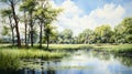 Serene Summer Day: Swamp Painting With Park, Lake, Field, And River Royalty Free Stock Photo