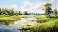 Serene Summer Day: Swamp Painting With Park, Lake, Field, And River Royalty Free Stock Photo