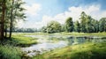 Serene Summer Day: Swamp Painting With Park, Lake, Field, And River Royalty Free Stock Photo