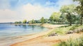 Serene Summer Day: Watercolor Beach Painting With Park, Lake, Field, And River