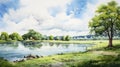 Serene Summer Day: Watercolor Landscape By Lake Digital Art