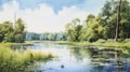 Serene Summer Day: Watercolor Landscape Painting By Dupryv Royalty Free Stock Photo