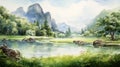Serene Summer Day: Watercolor Landscape Painting In 8k Resolution