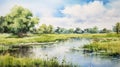 Serene Summer Day: Watercolor Landscape Painting Of Park, Lake, Field, And River Royalty Free Stock Photo