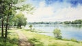 Serene Summer Day: Watercolor Painting Of Scenic Landscape By The Lake