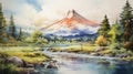 Serene Summer Day: Watercolor Painting Of Volcano Park, Lake, Field, And River