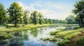 Serene Summer Day: Watercolor Swamp Painting With Park, Lake, Field, And River Royalty Free Stock Photo