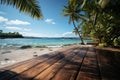 Serene summer escape, beach, wooden platform, palm trees, blue skies Royalty Free Stock Photo