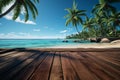 Serene summer escape, beach, wooden platform, palm trees, blue skies Royalty Free Stock Photo