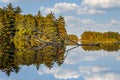 Serene summer lake landscape with reflections of sky and trees