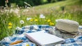 Serene Summer Meadow with Hat and Notebook on Picnic Blanket Royalty Free Stock Photo