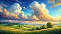 Serene summer sunset over rolling green hills and golden fields with dramatic cloudscape. Generative AI Royalty Free Stock Photo