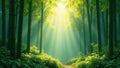 Serene sunbeams illuminating a mystical bamboo grove path. Generative AI Royalty Free Stock Photo