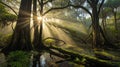 Mystical Sunbeams Filter Through Swamp Trees in a Verdant and Serene Landscape Royalty Free Stock Photo