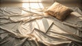 Serene sunlight illuminates soft fabric and a blank book on a bed. Generative AI Royalty Free Stock Photo