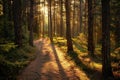 Serene sunlit forest path through pine trees at sunset Royalty Free Stock Photo