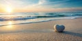 Serene sunrise beach scene featuring a heart-shaped stone resting on the sand. Generative AI Royalty Free Stock Photo