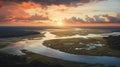 Serene Sunrise: A Birds-eye-view Of A Vibrant Coastal Marsh In South Carolina