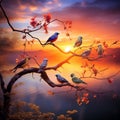 Serene Sunrise with Colorful Birds in a Fantastical Orchestra